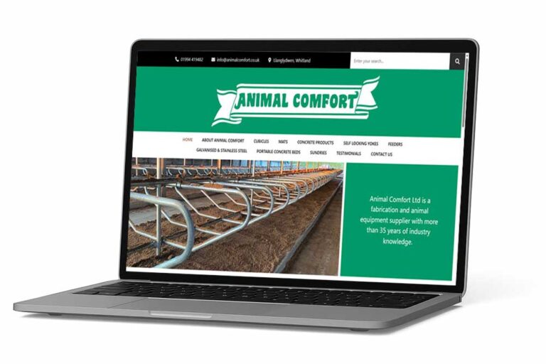 Animal Comfort website sample on a laptop